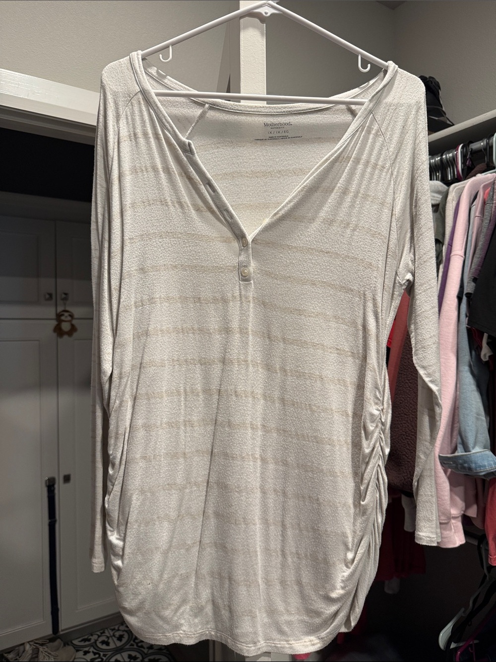 Motherhood Maternity White Striped Long-Sleeve Henley Tunic